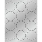 A sheet of MH-USA 2 1/2 Silver Foil Circle Laser Labels displays 12 labels in a 3x4 grid on light gray.