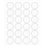 The MH-USA 1 5/8 Clear Circle Laser Labels sheet has sleek, circular labels arranged in a grid with a thin black outline on a pristine white background, totaling 24 per sheet.