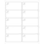 The MH-USA 4 x 2 Pure Clear Rectangle Laser Labels feature a simple design on white sheets with four columns and three rows. Each label has a faint diagonal line in the top left corner, rounded corners, and comes in boxes of 100 sheets, providing 10 labels per sheet.