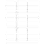 A sheet of MH-USA 2 5/8 x 1 White Removable Rectangle Laser Labels (30/Sheet) features blank, rounded-corner labels arranged in a 10x3 grid for easy printing and cutting.