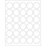 A grid of 30 evenly spaced MH-USA 1 1/2 Glossy White Circle Laser Labels is arranged in a 5x6 pattern on a pristine white background, with each circle outlined by a thin black line for a crisp finish.
