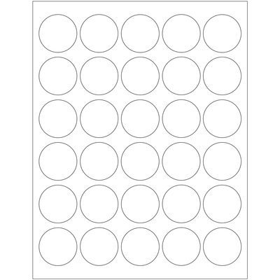 LL301.jpg A grid of 30 evenly spaced MH-USA 1 1/2 Glossy White Circle Laser Labels is arranged in a 5x6 pattern on a pristine white background, with each circle outlined by a thin black line for a crisp finish.