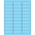 A sheet of MH-USA 2 5/8 x 1 Fluorescent Pastel Blue removable rectangle laser labels has a total of 30 labels, each elegantly highlighted with a distinctive black border.