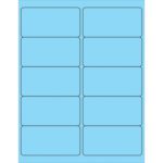 The MH-USA 4 x 2 Fluorescent Pastel Blue Removable Rectangle Laser Labels come in a matching blue sheet with black-outlined labels and rounded corners, organized in rows and columns for easy use. Each sheet contains 10 labels, with a total of 100 sheets per box.