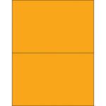 An abstract image displays two MH-USA fluorescent orange removable rectangle laser labels (8 1/2 x 5 1/2) stacked vertically, separated by a thin black line, with the background matching their vivid hue.