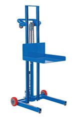 The Vestil Low Profile Foot Pump Lift Fixed Wheel is a blue manual pallet stacker with a platform and red wheels. It features a chain mechanism, perfect for lifting heavy loads in warehouses or industrial settings, ensuring seamless operation and enhanced maneuverability.