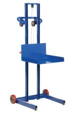 The Vestil Low Prof Winch Lite Lift Fixed Wheel trolley has a flat platform, two fixed red rear wheels, and a top gear mechanism with chains. This model is ideal for easy manual material transport.
