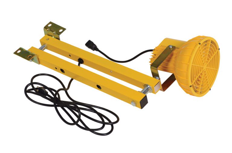 The yellow bracket fan, similar to the Vestil Single Arm Sodium Dock Light 24 In Long, has a protective grill and an adjustable frame. Its long black power cord offers flexibility, and mounting holes on both ends ensure secure installation.