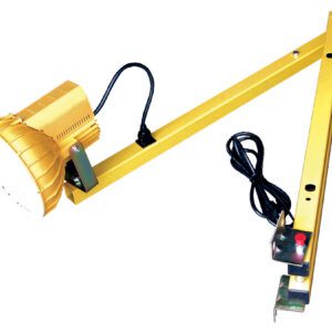 The Vestil Double Arm Sodium Dock Light, 40 inches long, resembles an industrial task lamp with a yellow finish. It features a round light head, adjustable arm with control buttons, an attached power cord, and a clamp for surface mounting.