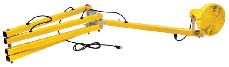 LLS-90_A.jpg A yellow industrial fan similar to the Vestil Triple Arm Sodium Dock Light 90 In Long features a long, adjustable triple arm with multiple sections for flexibility, black cables, a power plug, and a circular grated cover for protection.