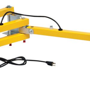 A yellow industrial fan similar to the Vestil Triple Arm Sodium Dock Light 90 In Long features a long, adjustable triple arm with multiple sections for flexibility, black cables, a power plug, and a circular grated cover for protection.