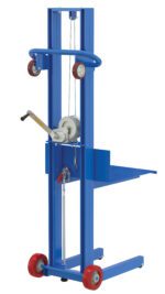 The Vestil Steel Winch Lite Load Lifter Fix Wheel W/Flr&Wh Lock features a crank handle, two large red base wheels, and two smaller top wheels. It has a forklift-like platform for lifting items effortlessly and ensures stability with wheel locks.