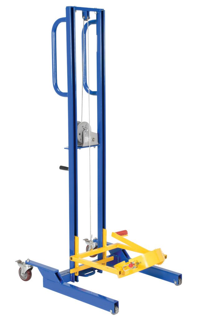 LLW-PAILD-100_A.jpg The Vestil Variable Height Pail Dispenser Steel 125 Lb features a sturdy blue frame, yellow adjustable platform, handle, pulley system, two base wheels for easy mobility, and a foot pedal for adjustment, efficiently managing weights up to 125 lbs.