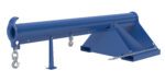 The Vestil Non-Telescoping Lift Boom 4K 24 In Fork can hold up to 4,000 lbs and has a blue cylindrical main beam with hooks at each end, plus a support leg and chain for stability when used with forklifts.