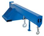 The blue steel Vestil Non-Telescoping Lift Boom 8K 24 In Fork is a forklift jib attachment with two hooks and a rectangular base, designed for heavy load handling and includes right-angled support beneath the beam for stability.