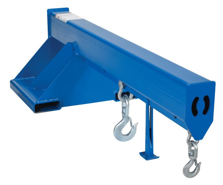 LM-1NT-8-24_A.jpg The blue steel Vestil Non-Telescoping Lift Boom 8K 24 In Fork is a forklift jib attachment with two hooks and a rectangular base, designed for heavy load handling and includes right-angled support beneath the beam for stability.