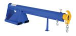 A blue steel Vestil Telescoping Lift Boom 4K 11In Wide Forks features a yellow hook on one end, a triangular support structure, and two hooks underneath for industrial lifting up to 4K capacity.