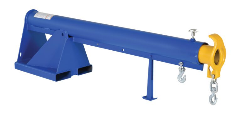 A blue steel Vestil Telescoping Lift Boom 4K 11In Wide Forks features a yellow hook on one end, a triangular support structure, and two hooks underneath for industrial lifting up to 4K capacity.