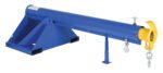 A Vestil Telescoping Lift Boom 4K with a blue jib, yellow hook at the extendable end, 24-inch wide forks, support brackets, and two chains for secure lifting.