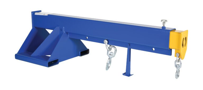 LM-1T-8-24_A.jpg The Vestil Telescoping Lift Boom 8K features a sturdy blue and yellow design with a triangular base, two hooks, and a hook connector. Its compatible with 24-inch wide forks and ensures reliable performance for loads up to 8,000 pounds.