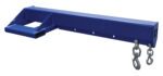 A blue metal beam similar to the Vestil Econo Non-Telescoping Lift Boom 8K 30 In includes a rectangular bracket on one end and two metal hooks on chains at the other, with several holes along its length for adjustments or attachments.