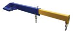 The Vestil Economy Telescoping Lift Boom 8K 30 In is a blue and yellow heavy-duty extension jib with two metal hooks, ideal for lifting or towing. It has a 30-inch square base and extends horizontally.