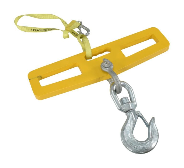 LM-HP10-SL_A.jpg The Vestil Lift Master Hook Plate Swivel W/Latch 10K features a yellow lifting beam with two elongated slots, a central handle, and a durable metallic hook. It includes an attached yellow strap looped through the top opening for enhanced security.