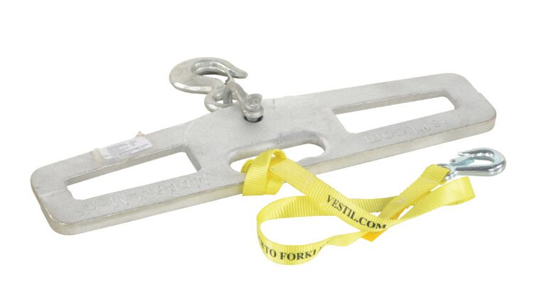 The Vestil Lift Master Hook Plate 4K Rigid features a sturdy metal lifting beam with two rectangular slots, a hook plate on top, and a yellow strap threaded through a slot with its hook securely fastened. A partially visible label ensures safety and efficiency for loads up to 4,000 lbs.