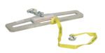 The Vestil Lift Master Hook Plate 4K Swivel includes a metal beam anchor with a yellow strap, featuring elongated slots and secure fittings. The strap is looped through a ring and printed with Vestil Lift Master, ensuring reliable support for 4K weight applications needing swivel adjustments.