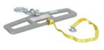 The Vestil Lift Master Hook Plate 6K Swivel includes a metal lifting spreader bar with swivel hooks and a yellow strap on one side, plus a central robust plate with clear instructions for safe, efficient hoisting.