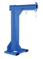 The blue Vestil High Rise Boom Non Telescoping 6K 36 In is an industrial hoist with a sturdy base and a 36-inch arm with two metal hooks. Its designed for heavy-duty lifting, features forklift-compatible slots, and can handle up to 6,000 lbs effortlessly.