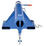 The Vestil Orbit Non-Telescoping Lift Boom 6K 30 In, with a blue design and red handles, features a chain and hook on a triangular base, ideal for heavy-duty lifting tasks up to 30 inches high.