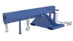 The Vestil Orbit Non-Telescoping Lift Boom 8K 24 In has a blue metal rectangular structure, two hooks below, chains on one side, and a red handle on top, making it ideal for heavy lifting or industrial use.