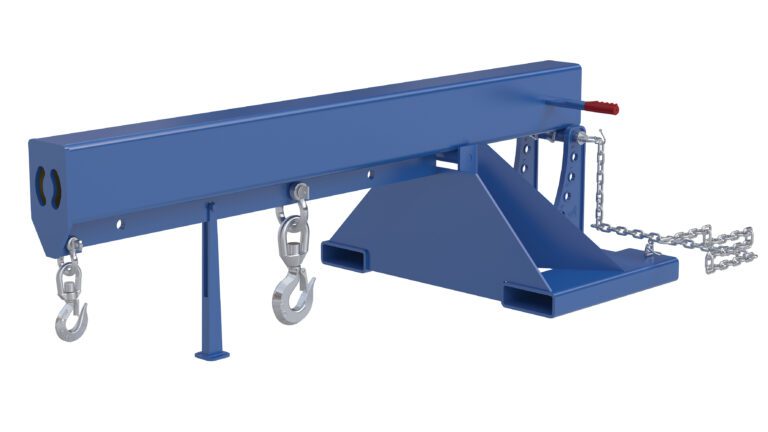 The Vestil Orbit Non-Telescoping Lift Boom 8K 24 In has a blue metal rectangular structure, two hooks below, chains on one side, and a red handle on top, making it ideal for heavy lifting or industrial use.