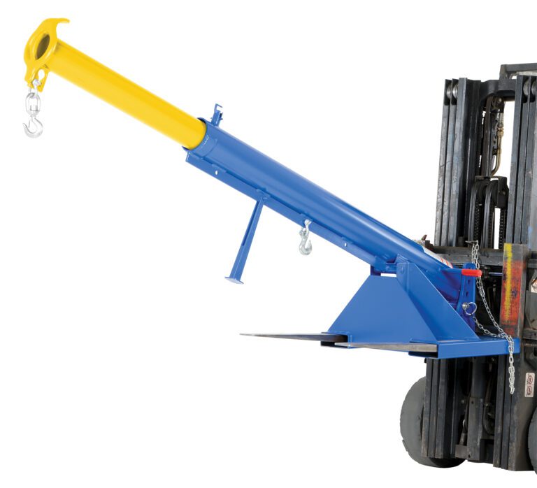 The Vestil Orbit Telescoping Lift Boom 4K 24In Fork, in blue and yellow, attaches to a forklift. Secured with chains and featuring a hook, its ideal for effortlessly lifting and moving heavy loads.