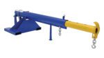 The Vestil Orbit Telescoping Lift Boom 4K 30In Fork is a blue and yellow heavy-duty jib crane attachment for forklifts, featuring chains, hooks, a 30-inch extendable arm, and a sturdy metal base for enhanced stability in lifting tasks.
