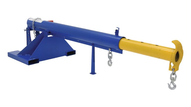 The Vestil Orbit Telescoping Lift Boom 4K 30In Fork is a blue and yellow heavy-duty jib crane attachment for forklifts, featuring chains, hooks, a 30-inch extendable arm, and a sturdy metal base for enhanced stability in lifting tasks.