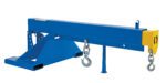 The blue Vestil Orbit Telescoping Lift Boom 8K 36In Fork has a yellow end cap, two metal hooks for load attachment, and rectangular base with slots for machinery connections, designed for heavy-duty material handling up to 8K.