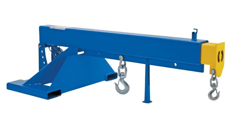 The blue Vestil Orbit Telescoping Lift Boom 8K 36In Fork has a yellow end cap, two metal hooks for load attachment, and rectangular base with slots for machinery connections, designed for heavy-duty material handling up to 8K.