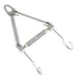 The Vestil Hoist Attachment-Double Hook 250 Lb Cap is an adjustable metal tool with a triangular frame, featuring two bottom hooks and a central turnbuckle for tension. A top circular loop enhances its versatility.