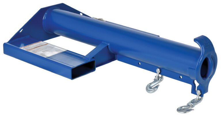 LMS-EBNT-40-4_A.jpg The Vestil Non-Telescoping Shorty Lift Boom 4K is a blue metal hitch adapter with a cylindrical body, rectangular attachment point, and two side chains with hooks, perfect for efficiently connecting trailers or equipment to towing vehicles.