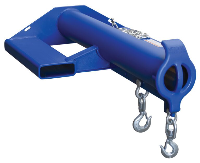 The Vestil Non-Telescoping Shorty Lift Boom 6K, like the Blue Hitch Receiver, has one end with a circular opening and the other with rectangular tubing. It includes two chains with metal hooks for towing or attaching to vehicles or equipment.