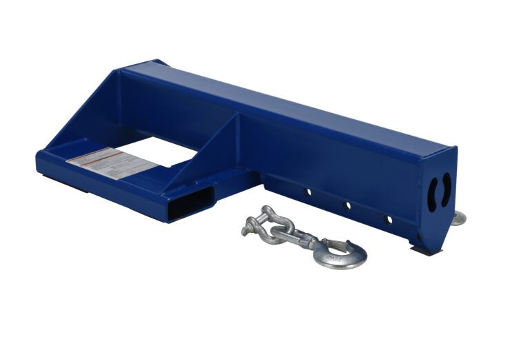 The Vestil Shorty Lift Boom 8K features a blue steel frame with rectangular cutouts, an attached metal chain, and hook for efficient lifting. Its hollow section has multiple holes on one side for versatile use.