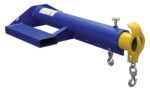 The blue and yellow Vestil Telescoping Shorty Lift Boom 4K is an industrial lifting attachment with a cylindrical main body, two hooks, metal chains, and a triangular mounting bracket, designed for strength and reliability in demanding tasks.