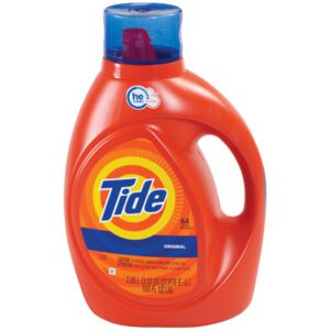 An orange 100 oz Tide® HE Liquid Detergent bottle with a blue cap and HE symbol displays the Tide logo with Original below it. Sold in cases of four, it handles 64 loads per bottle.