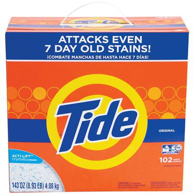 LND510.jpg The Tide® High Efficiency Powder Detergent - 143 oz. Box (2/Case) effectively tackles tough stains, even 7 days old, with Acti-Lift Crystals in vibrant blue and orange packaging, ensuring powerful cleaning for 102 loads with its English and Spanish slogan.
