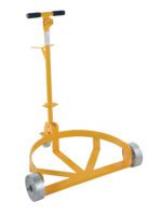 The Vestil Cast Iron Lo-Profile Drum Caddie is a yellow steel drum truck with a T-shaped handle, two wheels, and a U-shaped frame. Ideal for moving cylindrical containers, it stands upright when unladen.