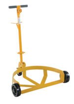 The Vestil Phenolic Lo-Profile Drum Caddie, a yellow hand truck for large barrels, features a circular base frame with two wheels and a central handle with grips for easy maneuverability.