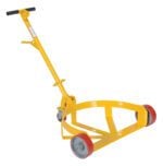 The Vestil Poly-On-Steel Lo-Profile Drum Caddie features a yellow truck with a T-shaped handle and red and grey wheels, ideal for moving large drums. The circular base provides secure support, while its angled handle ensures easy maneuverability.