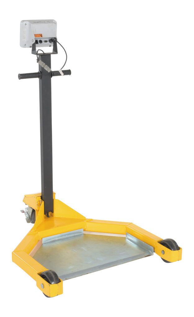 LO-DC-SCL_A.jpg The Vestil Low Profile Drum Caddy W/ Scale is a yellow industrial platform scale with a digital display on a tall black metal stand. Its designed for large objects and features a wide metallic platform with wheels for easy mobility.